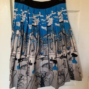 Paris print pleated cotton swing skirt (S)